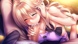 Rule 34 | 1girl, adjusting hair, amakano 2, apron, azarashi soft, bare shoulders, blonde hair, blush, breasts, censored, cleavage, closed eyes, cum, cum in mouth, ejaculation, embarrassed, fellatio, from above, game cg, hair between eyes, hand up, highres, indoors, large breasts, legs, long hair, mosaic censoring, naked apron, oral, penis, piromizu, pov, side slit, sitting, thighs, tsutamachi chitose