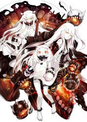 Rule 34 | 10s, 3girls, abyssal ship, ahoge, aircraft carrier princess, barefoot, black panties, breasts, cleavage, covered mouth, dress, gauntlets, gloves, highres, horns, kantai collection, large breasts, long hair, long sleeves, looking at viewer, machinery, midway princess, mittens, multiple girls, northern ocean princess, one side up, open mouth, orange eyes, pale skin, panties, red eyes, redjuice, revision, side-tie panties, side ponytail, torn clothes, underwear, veins, very long hair, white dress, white hair