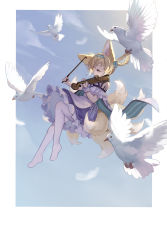 Rule 34 | 1girl, absurdres, animal ears, arknights, bare shoulders, bird, blonde hair, blue background, blue bow, blue dress, blue hairband, border, bow, bow (music), braid, closed eyes, dove, dress, floating, fox ears, fox tail, hair bow, hairband, highres, holding, holding instrument, holding violin, instrument, kitsune, kyuubi, long hair, material growth, multiple tails, oripathy lesion (arknights), outside border, pantyhose, revision, shio (shiofeifei), solo, suzuran (arknights), tail, two-tone dress, violin, white border, white dress, white pantyhose, white wrist cuffs, wrist cuffs