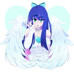 Rule 34 | 10s, 1girl, angel wings, bow, breasts, bridal gauntlets, character name, choker, colored inner hair, eyebrows, eyes visible through hair, green eyes, hair bow, hair ornament, hair ribbon, heart, large breasts, long hair, looking at viewer, multicolored hair, open mouth, panty &amp; stocking with garterbelt, pink hair, purple hair, pyuuni, ribbon, signature, solo, stocking (psg), transparent background, two-tone hair, upper body, wings