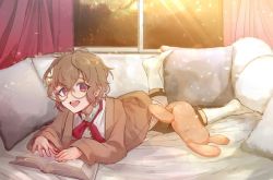 Rule 34 | 1boy, book, brown hair, commission, ghostcrown, glasses, looking at viewer, lying, male focus, mutsuashi lewis, on bed, on stomach, pillow, purple eyes, reading, skeb commission, solo, stuffed animal, stuffed toy, untokodokkoikoi, virtual youtuber
