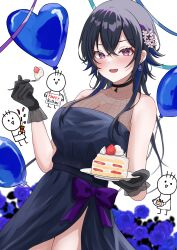 1girl 3others absurdres akue balloon bare_shoulders black_choker black_dress black_gloves black_hair black_sash blue_flower blue_hair blue_rose blush bow breasts cake cake_slice choker cleavage crossed_bangs dress earrings flower food fork fruit gloves gown heart_balloon highres holding holding_fork ichinose_uruha jewelry large_breasts long_hair looking_at_viewer multicolored_hair multiple_others open_mouth purple_bow purple_eyes purple_ribbon ribbon rose sash see-through_cleavage see-through_clothes see-through_dress_layer side_slit strawberry strawberry_shortcake streaked_hair virtual_youtuber vspo! white_background