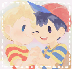 Rule 34 | 2boys, backpack, bag, black hair, blonde hair, cheek-to-cheek, holding hands, heads together, lucas (mother 3), mother (game), multiple boys, ness (mother 2), nintendo, one eye closed, open mouth, short hair, smile, wink