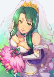 Rule 34 | 1girl, aduti momoyama, bare shoulders, bouquet, breasts, bridal veil, cecilia (fire emblem), cleavage, detached collar, detached sleeves, dress, fire emblem, fire emblem: the binding blade, fire emblem heroes, flower, green eyes, green hair, highres, holding, holding bouquet, large breasts, long dress, long hair, long sleeves, looking at viewer, nintendo, official alternate costume, simple background, smile, solo, strapless, strapless dress, veil, wedding dress, white dress