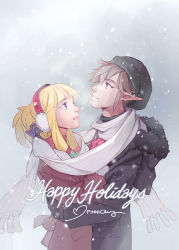 Rule 34 | 1boy, 1girl, alternate costume, blonde hair, blue eyes, blunt bangs, brown hair, casual, coat, contemporary, earrings, english text, finni chang, gloves, hetero, hug, jewelry, link, long hair, nintendo, pointy ears, princess zelda, scarf, shared clothes, shared scarf, sidelocks, signature, smile, snowing, the legend of zelda, the legend of zelda: skyward sword, winter clothes, winter coat