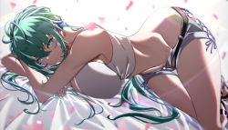 Rule 34 | 1girl, absurdres, azarashi (azrsot), bare shoulders, bed sheet, belt, blue eyes, breast press, breasts, crop top, crossed arms, curvy, green eyes, hair between eyes, highres, large breasts, lens flare, long hair, looking at viewer, lying, midriff, navel, on side, open clothes, open shorts, original, parted lips, petals, sandals, short shorts, shorts, smile, solo, tank top, very long hair, white tank top, wide hips