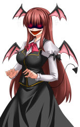 Rule 34 | 1girl, :d, bat wings, breasts, brown hair, demon tail, fangs, flapping, glowing, glowing eyes, head wings, highres, koakuma, large breasts, long hair, long skirt, open mouth, rape face, red eyes, shaded face, skirt, smile, solo, tail, touhou, very long hair, wings, yagami (mukage), you gonna get raped
