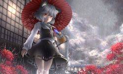 Rule 34 | 1girl, animal ears, basket, building, capelet, cloud, flower, gem, grey hair, jewelry, long sleeves, mouse (animal), mouse ears, mouse tail, nazrin, necklace, oil-paper umbrella, open mouth, pendant, pengin (takeoff425), rain, see-through, shirt, skirt, skirt set, smile, solo, spider lily, tail, touhou, umbrella, vest