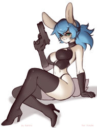 Rule 34 | 1girl, absurdres, animal ears, arm support, artist name, bare shoulders, black gloves, blue hair, boots, breasts, closed mouth, commentary, commission, crossed legs, english commentary, full body, fur, furry, furry female, gloves, green eyes, gun, handgun, high heels, highres, holding, holding gun, holding weapon, kardie, large breasts, looking at viewer, navel, original, ponytail, rabbit ears, rabbit girl, revealing clothes, shadow, simple background, smile, solo, tail, thigh boots, wavy mouth, weapon, white background