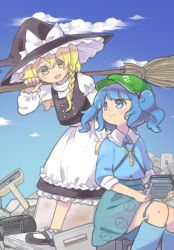 Rule 34 | 2girls, :d, apron, black hat, black skirt, black vest, blonde hair, blue eyes, blue footwear, blue hair, blue shirt, blue skirt, blush, boots, braid, broom, closed mouth, cloud, commentary request, day, electric fan, eye contact, fingernails, hair between eyes, hair bobbles, hair ornament, hat, holding, juliet sleeves, kawashiro nitori, key, kirisame marisa, leaning forward, long sleeves, looking at another, multiple girls, open mouth, outdoors, puffy sleeves, radio, sasa kichi, shirt, short hair, single braid, sitting, skirt, smile, standing, touhou, twintails, vest, waist apron, witch hat, yellow eyes