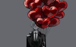 Rule 34 | 1girl, bad id, bad twitter id, balloon, black necktie, blonde hair, closed mouth, coat, collared shirt, commentary, grey background, heart balloon, highres, holding, holding balloon, long sleeves, looking at viewer, necktie, open clothes, open coat, original, pale color, red eyes, shirt, sidelocks, simple background, solo, spot color, symbol-only commentary, tsu (lovesick1964), two (tsu (lovesick1964)), wing collar