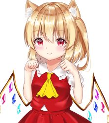 Rule 34 | 1girl, animal ear fluff, animal ears, arms up, ascot, blush, breasts, cat ears, commentary, artistic error, flandre scarlet, hair between eyes, highres, kemonomimi mode, looking at viewer, no headwear, nyanyanoruru, paw pose, puffy short sleeves, puffy sleeves, red eyes, red skirt, red vest, shirt, short sleeves, simple background, skirt, small breasts, solo, standing, touhou, upper body, vest, white background, white shirt, wings, yellow ascot