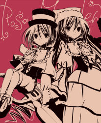 Rule 34 | 00s, 2girls, collar, corset, cross-laced clothes, dress, hat, layered dress, long sleeves, looking at viewer, monochrome, multiple girls, red background, red theme, rozen maiden, siblings, simple background, sisters, souseiseki, suiseiseki, taira tsukune, top hat, tsukune (artist), twins