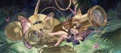 Rule 34 | 1girl, atdan, bare legs, bare shoulders, barefoot, black dress, black hair, breasts, bug, butterfly, butterfly hair ornament, butterfly wings, commentary, detached sleeves, dress, english commentary, hair ornament, highres, insect, insect wings, large breasts, looking at viewer, microscope, midriff, nature, original, oversized object, parted lips, pink butterfly, plant, red eyes, revision, short sleeves, solo, wide shot, wings