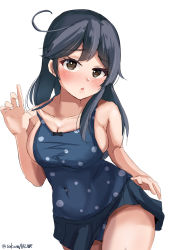 Rule 34 | 1girl, absurdres, ahoge, black hair, blue skirt, blue one-piece swimsuit, blush, breasts, casual one-piece swimsuit, covered navel, hair between eyes, highres, kantai collection, large breasts, long hair, looking at viewer, one-piece swimsuit, polka dot, polka dot swimsuit, sakura ab, signature, simple background, skirt, solo, swimsuit, swimsuit under clothes, twitter username, ushio (kancolle), white background