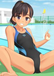 Rule 34 | 1girl, absurdres, arena (company), barefoot, black eyes, black hair, black one-piece swimsuit, blue sky, cloud, collarbone, commentary request, competition swimsuit, day, fence, flat chest, full body, grin, groin, highres, lifeguard chair, looking at viewer, one-piece swimsuit, original, outdoors, pool, pool ladder, poolside, short ponytail, sitting, sky, smile, solo, spread legs, swimsuit, takafumi, tan, tanline, v