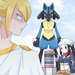 Rule 34 | 1boy, 1girl, akari (pokemon), black eyes, blonde hair, commentary request, creatures (company), day, game freak, gen 4 pokemon, grey eyes, hat, head scarf, highres, hinotogi, long hair, looking back, lucario, nintendo, official alternate costume, official alternate hairstyle, outdoors, pokemon, pokemon (creature), pokemon legends: arceus, red eyes, red scarf, scarf, short hair, spoilers, squatting, stacking, stone tablet, sweat, volo (pokemon)