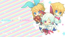 Rule 34 | 1bitheart, 1girl, 2boys, blonde hair, blue eyes, blue ribbon, book, character request, chibi, creature, crossover, efina, hair ribbon, highres, lieat, miwasiba, multiple boys, multiple crossover, original, red eyes, ribbon, silver hair, sparkle, star (symbol), yellow eyes