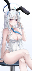 Rule 34 | 1girl, absurdres, animal ears, arm support, bare shoulders, blue archive, blue necktie, blush, breasts, cleavage, collarbone, commentary request, covered navel, crossed legs, detached collar, fake animal ears, halo, highres, korean commentary, labi, large breasts, leotard, long hair, looking at viewer, mechanical halo, necktie, noa (blue archive), playboy bunny, purple eyes, rabbit ears, simple background, sitting, smile, solo, stool, strapless, strapless leotard, white background, white hair, white leotard, wrist cuffs