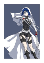 Rule 34 | 1girl, axia-chan, black keys (type-moon), blue background, blue eyes, blue hair, bodysuit, boots, breasts, ciel (tsukihime), cross-laced footwear, highres, knee boots, lace-up boots, medium breasts, short hair, shrug (clothing), sketch, solo, tsukihime, veil, waist cape, white background, white veil
