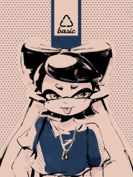 Rule 34 | + +, 1girl, :p, artist name, blouse, callie (splatoon), casual, closed mouth, highres, inkling, jewelry, long hair, looking at viewer, mole, mole under eye, monochrome, necklace, nintendo, pointy ears, polka dot, polka dot background, seto (asils), shirt, short sleeves, solo, splatoon (series), standing, tentacle hair, tongue, tongue out, upper body