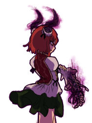 Rule 34 | 1girl, angry, aura, bandages, dark aura, from behind, glowing, glowing eyes, green skirt, holding own arm, horns, ibaraki kasen, miata (miata8674), oni, purple aura, red eyes, red hair, serious, short hair, simple background, skirt, smoke, solo, tabard, torn clothes, touhou, walking, white background