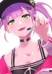 Rule 34 | 1girl, :d, amct (candyca03092112), barbell piercing, bare shoulders, baseball cap, black choker, black hat, black tank top, blush, choker, collarbone, ear piercing, fake horns, fangs, green eyes, hair ornament, hairclip, hat, headset, highres, hololive, horned headwear, horns, industrial piercing, jacket, long hair, long sleeves, multicolored hair, multicolored nails, nail polish, o-ring, o-ring choker, off shoulder, open mouth, piercing, pink hair, pink nails, pointy ears, purple hair, sidelocks, smile, solo, streaked hair, tank top, tokoyami towa, twintails, upper body, virtual youtuber, white jacket, yellow nails