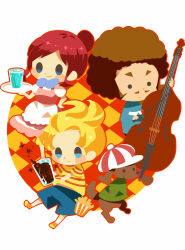 Rule 34 | 1girl, 2girls, afro, animal, blonde hair, blue bow, blue shirt, blue shorts, blush stickers, boney, bow, bow (music), brown footwear, brown hair, cello, checkered background, clothed animal, dog, dress, drink, duster (mother), facial hair, food, french fries, green shirt, hitofutarai, holding, holding bow (music), holding plate, instrument, kumatora, lucas (mother 3), midriff peek, mother (game), mother 3, multiple girls, mustache, nintendo, orange footwear, pink dress, pink footwear, plate, shirt, shoes, short sleeves, shorts, smile, soda, solid circle eyes, solid oval eyes, striped clothes, striped headwear, striped shirt, white background