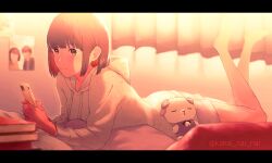 Rule 34 | 1girl, absurdres, barefoot, book, book stack, brown eyes, brown hair, cellphone, commentary request, curtains, dusk, expressionless, feet, from side, highres, holding, holding phone, hood, hoodie, indoors, kanai (nai nai), letterboxed, long sleeves, lying, on bed, on stomach, original, phone, photo (object), short hair, shorts, smartphone, solo, stuffed toy, twilight