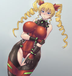 Rule 34 | 10s, 1girl, black gloves, blonde hair, blue eyes, blush, bodysuit, breasts, claire harvey, covered navel, drill hair, earrings, gloves, grey background, highres, hundred, impossible clothes, jewelry, large breasts, leotard, long hair, mahou-ya, solo, twin drills