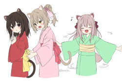 Rule 34 | 3girls, :d, :o, ^ ^, animal ears, anz32, black hair, blush, brown hair, cat ears, cat girl, cat tail, closed eyes, cropped torso, dog ears, dog girl, dog tail, fang, flower, green kimono, hair between eyes, hair bun, hair flower, hair ornament, hands up, japanese clothes, kimono, long sleeves, multiple girls, obi, open mouth, original, own hands together, parted lips, pink flower, pink kimono, ponytail, red kimono, sash, simple background, single hair bun, smile, tail, twitter username, white background, wide sleeves, yukata