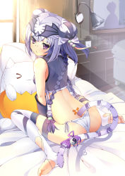 Rule 34 | 1girl, ass, bandages, bandaid, bed, blush, braid, feet, haku (p&amp;d), highres, lamp, looking at viewer, no shoes, ootsuki momiji, panties, purple eyes, purple hair, puzzle &amp; dragons, side-tie panties, solo, spread legs, string panties, tail, thighhighs, toes, torn clothes, torn thighhighs, underwear, yin yang