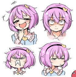 Rule 34 | 1girl, blush, clenched teeth, closed mouth, commentary request, expressions, hair ornament, headband, heart, heart hair ornament, highres, komeiji satori, multiple views, open mouth, pink hair, pout, shaded face, short hair, simple background, smile, suwa yasai, teeth, third eye, touhou, trembling, upper body, white background