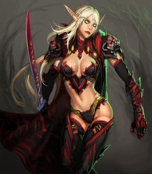 Rule 34 | 1girl, armor, blank eyes, blood elf (warcraft), breasts, cape, cleavage, elf, gauntlets, ionen, navel, pauldrons, pointy ears, shoulder armor, solo, sword, thighhighs, warcraft, weapon, white hair, world of warcraft
