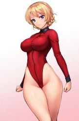 Rule 34 | 10s, 1girl, bare hips, blonde hair, blue eyes, blush, braid, breasts, closed mouth, commentary request, darjeeling (girls und panzer), girls und panzer, gradient background, hair between eyes, halftone, highleg, highleg leotard, large breasts, legs together, leotard, looking at viewer, rindou (radical dream), shiny skin, short hair, smile, solo, standing, swept bangs, taut clothes, thighs