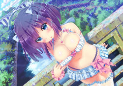 Rule 34 | areola slip, bikini, bra, bra pull, breasts, cleavage, clothes pull, cowboy shot, day, frilled thighhighs, frills, halterneck, head tilt, heart, heart necklace, ichi rin, jewelry, legs together, microskirt, necklace, original, outdoors, ruins, scrunchie, skirt, solo, standing, stomach, swimsuit, thighhighs, two side up, underwear, white thighhighs, wrist scrunchie