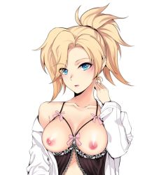 Rule 34 | 1girl, babydoll, bad id, bad pixiv id, bare shoulders, blonde hair, blue eyes, breastless clothes, breasts, cleavage, collarbone, heart, heart-shaped pupils, high ponytail, lace trim, large breasts, long sleeves, looking at viewer, mercy (overwatch), nipples, no wings, off shoulder, open clothes, open shirt, overwatch, overwatch 1, parted lips, ponytail, seok, shirt, solo, symbol-shaped pupils, upper body, white background, white shirt