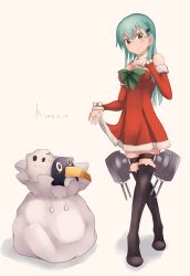 Rule 34 | &gt;:), 10s, 1girl, 2016, absurdres, aqua eyes, aqua hair, bad id, bad pixiv id, black thighhighs, blush, bow, breasts, christmas, christmas tree hair ornament, cleavage, clothes lift, dated, detached collar, detached sleeves, dress, dress lift, failure penguin, fur trim, hair ornament, hand on own chest, head tilt, highres, hiiragii (hiiragi 0404), kantai collection, long hair, looking at viewer, machinery, medium breasts, miss cloud, red dress, sack, santa costume, short dress, smile, solo, suzuya (kancolle), thigh strap, thighhighs, turret, v-shaped eyebrows, zettai ryouiki
