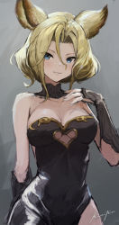 Rule 34 | 1girl, animal ears, arm at side, bare shoulders, black dress, black gloves, blonde hair, blue eyes, blush, breasts, cleavage, clothing cutout, covered navel, dated, detached collar, dress, elea (granblue fantasy), fingerless gloves, gloves, granblue fantasy, hand up, looking at viewer, medium breasts, parted bangs, parted lips, punished pigeon, short hair, side slit, signature, smile, solo, strapless, strapless dress, teeth, underboob cutout, upper body