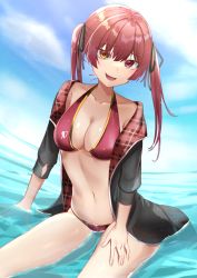 Rule 34 | 1girl, bare shoulders, bikini, blush, breasts, cleavage, collarbone, gakuon (gakuto), heterochromia, highres, hololive, houshou marine, houshou marine (summer), large breasts, long hair, long sleeves, looking at viewer, navel, open mouth, red eyes, smile, solo, swimsuit, thighs, twintails, virtual youtuber, yellow eyes