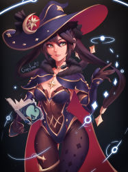 Rule 34 | 1girl, absurdres, black gloves, black hair, black legwear, book, breasts, cape, cleavage, crispytuna97, earrings, elbow gloves, energy, floating, floating book, floating object, genshin impact, gloves, green eyes, hair between eyes, hat, highres, jewelry, long hair, magic, mona (genshin impact), purple hat, purple sleeves, solo, spell, twintails, witch, witch hat