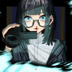 Rule 34 | 1girl, aqua eyes, aqua pupils, black border, black eyes, black hair, black jacket, blood, blunt bangs, blurry, blurry foreground, border, camcorder, collared shirt, commentary request, copyright name, crescent, crescent earrings, daijoyuu-san (synthesizer v), earrings, glasses, hand up, highres, holding camera, hood, hood down, hooded jacket, illumination, jacket, jewelry, long fingers, looking at viewer, medium hair, multicolored eyes, nosebleed, open clothes, open jacket, open mouth, portrait, sanpaku, semi-rimless eyewear, shirt, solo, song name, sweat, synthesizer v, video camera, wednesday (wedillust), white shirt