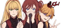Rule 34 | 3girls, black jacket, black ribbon, blonde hair, blue eyes, catchu! (love live!), collared jacket, commentary request, distortion (love live!), green eyes, group name, hair bun, hairband, hand on another&#039;s shoulder, heanna sumire, highres, holding, holding microphone, jacket, long hair, looking at another, looking at viewer, love live!, love live! superstar!!, medium hair, microphone, microphone stand, multiple girls, neck ribbon, open mouth, orange hair, purple eyes, red hair, red hairband, ribbon, shibuya kanon, sidelocks, single side bun, sleeveless, sleeveless jacket, upper body, v, yeyep0911, yoneme mei