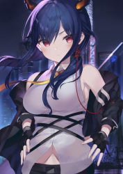 Rule 34 | 1girl, absurdres, arknights, bare shoulders, black gloves, black jacket, blue hair, breasts, ch&#039;en (arknights), collared shirt, dragon horns, earphones, fingerless gloves, gloves, hands on own hips, highres, horns, jacket, large breasts, long hair, long sleeves, looking at viewer, low twintails, midriff peek, necktie, night, off shoulder, open clothes, open jacket, outdoors, red eyes, shirt, sleeveless, sleeveless shirt, solo, strap, twintails, upper body, v-shaped eyebrows, white shirt, zukan (db tyoutyo)