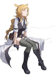 Rule 34 | 1girl, arknights, black footwear, black gloves, black shorts, black vest, blonde hair, boots, braid, braided ponytail, breasts, closed eyes, closed mouth, collared shirt, cross-laced footwear, full body, gloves, grey thighhighs, highres, ken rqll, kroos (arknights), kroos the keen glint (arknights), lace-up boots, long sleeves, medium breasts, pouch, shirt, short shorts, shorts, sitting, sleeves pushed up, solo, thighhighs, vest, white shirt
