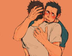 Rule 34 | 2boys, bara, blush, couple, ear blush, facial hair, from behind, goatee, hand in another&#039;s hair, head on another&#039;s shoulder, head rest, highres, hug, long sideburns, male focus, mature male, multiple boys, mustache stubble, original, shirt, shirt tug, short hair, shy, sideburns, sideways glance, stubble, t-shirt, tarutoru, thick eyebrows, toned, toned male, upper body, yaoi