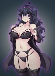 Rule 34 | 1girl, @ @, absurdres, ahoge, breasts, collarbone, cowboy shot, creatures (company), diadem, dot nose, game freak, garter straps, hair between eyes, hex maniac (pokemon), highres, jarckius, large breasts, long hair, looking at viewer, matching hair/eyes, navel, nintendo, pokemon, pokemon xy, purple eyes, purple hair, smile, solo, standing, thick thighs, thighhighs, thighs, underwear, undressing, wavy hair