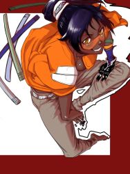 Rule 34 | 1girl, alternate costume, barefoot, belt, bleach, breasts, collarbone, dark-skinned female, dark skin, elbow rest, from above, full body, gloves, grin, hand rest, highres, jacket, jacket on shoulders, leaning forward, long hair, looking at viewer, looking over eyewear, looking over glasses, looking up, medium breasts, no bra, open clothes, open jacket, orange-tinted eyewear, orange-tinted glasses, pants, purple hair, scabbard, sheath, shihouin yoruichi, shiny skin, sitting, smile, solo, sunglasses, tata (pixiv57531723), tinted eyewear, triangular eyewear, yellow eyes