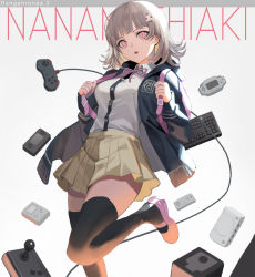Rule 34 | 1girl, backpack, bag, black jacket, black thighhighs, breasts, cable, character name, collared shirt, controller, danganronpa (series), danganronpa 2: goodbye despair, game console, game controller, jacket, keyboard (computer), leg up, long sleeves, looking at viewer, mary janes, miniskirt, nanami chiaki, neck ribbon, open clothes, open jacket, parted lips, pink footwear, pleated skirt, ribbon, shirt, shirt tucked in, shoes, short hair, skirt, sl86, small breasts, solo, thighhighs, white background, white shirt, yellow skirt, zettai ryouiki