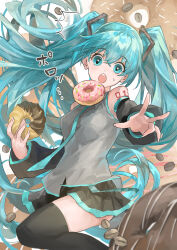 Rule 34 | 1girl, :o, aqua eyes, aqua hair, aqua necktie, bare shoulders, black skirt, black sleeves, black thighhighs, coffee beans, commentary, cowboy shot, detached sleeves, doughnut, dropping, floating hair, food, food-themed background, foreshortening, french cruller, grey shirt, hair ornament, hatsune miku, highres, himukai aoi, holding, holding food, long hair, looking at viewer, miniskirt, necktie, open mouth, outstretched arm, pleated skirt, reaching, reaching towards viewer, shirt, shoulder tattoo, skirt, sleeveless, sleeveless shirt, smile, solo, sprinkles, sweat, tattoo, teeth, thighhighs, translated, twintails, upper teeth only, variant set, very long hair, vocaloid